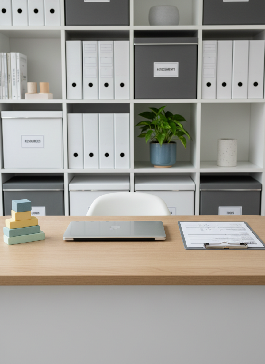 A neatly arranged therapy consultation workspace designed for children’s autism services, featuring a light oak desk with rounded edges, a closed silver laptop, a slim clipboard with structured assessment forms, and a small stack of pastel-colored sensory blocks. The background shows a built-in white shelving unit with neatly labeled storage boxes and a single green plant in a matte ceramic pot. Soft, diffused daylight enters from an unseen window, creating gentle, even lighting and minimal shadows. Photographed at eye level with a balanced, symmetrical composition and sharp focus throughout. The mood is professional, calm, and reassuring, with a clean, corporate aesthetic in neutral greys, whites, and muted blues, emphasizing order, trust, and evidence-based practice.